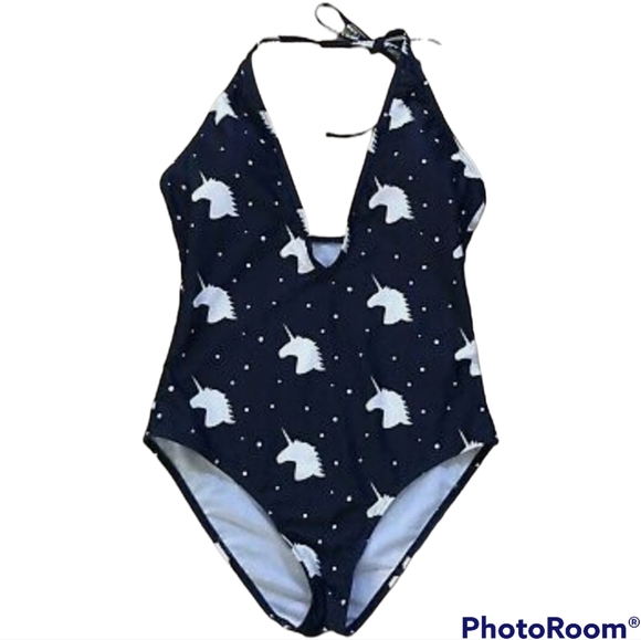 idk Other - Pat Pat Unicorn Navy Blue and White One Piece Halter Swimsuit sz medium